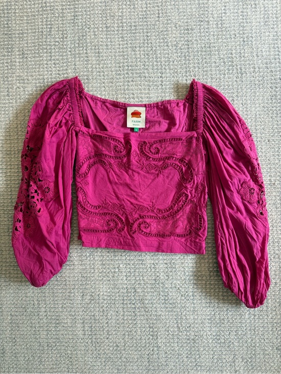 FARM Rio Tops - FARM Rio Fuchsia Embroidered Square-Neck Puff Sleeve Crop Top